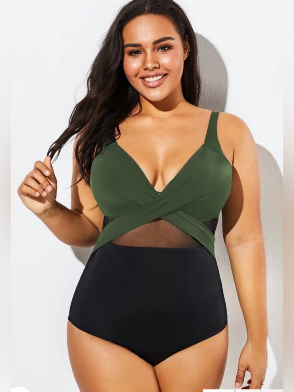 Olive Green & Black One-Piece Swimsuit
